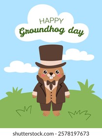 A cartoon of a groundhog wearing a top hat and bow tie. The groundhog is standing in a field with a blue sky in the background. The image is titled "Happy Groundhog Day"