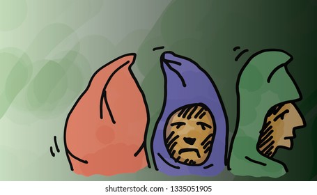 Cartoon of a group of boys wearing hoods. Vector illustration.