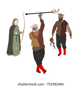 Cartoon group of buffoons on an ethnographic holiday in front of a white background. Vector illustration