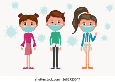 Cartoon group of children in blue medical mask. Kids and the epidemic of coronavirus bacteria.