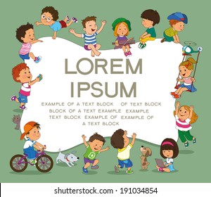 cartoon group of children on a background speech bubble with text 