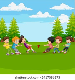 Cartoon group of children playing tug of war in the park