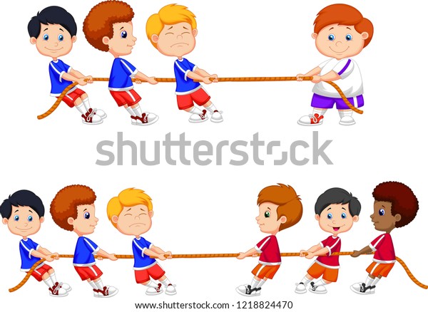 Cartoon group of children playing tug of war