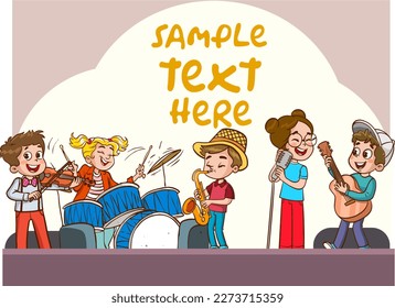 Cartoon group of children singing and dancing in the school choir