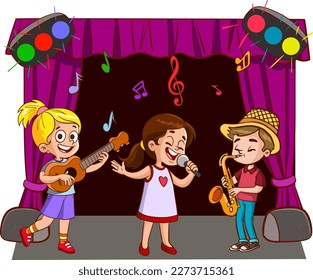 Cartoon group of children singing and dancing in the school choir