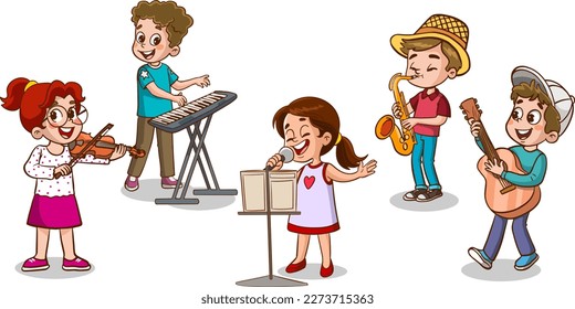 Cartoon group of children singing and dancing in the school choir