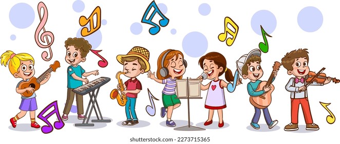 Cartoon group of children singing and dancing in the school choir