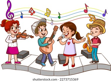 Cartoon group of children singing and dancing in the school choir