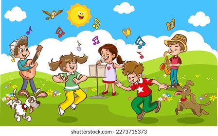 Cartoon group of children singing and dancing in the school choir