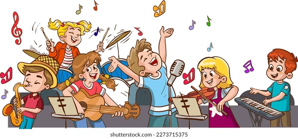 Cartoon group of children singing and dancing in the school choir