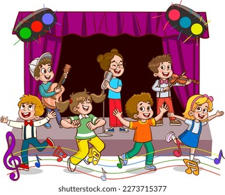 Cartoon group of children singing and dancing in the school choir