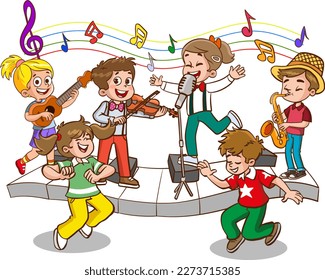 Cartoon group of children singing and dancing in the school choir