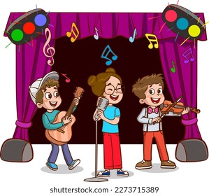 Cartoon group of children singing and dancing in the school choir