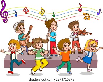 Cartoon group of children singing and dancing in the school choir