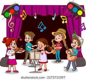 Cartoon group of children singing and dancing in the school choir