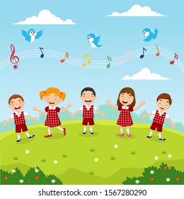 Cartoon group of children singing in the park