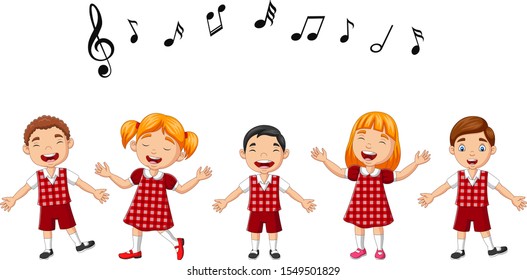 Cartoon group of children singing in the school choir