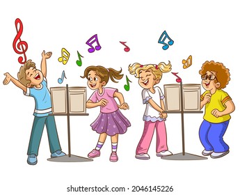 Cartoon group of children singing in the school choir