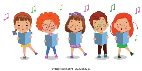 Cartoon group of children singing in the school choir