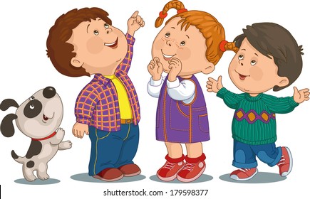 Cartoon group of children who are smiling and looking up.