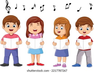 Cartoon group of choir children singing a song