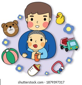 Cartoon of Group of cute dad and son in lovely moment with the beautiful plant and flower bouquet. Simple cute hand draw line vector and minimal icons flat style Character illustration. 

