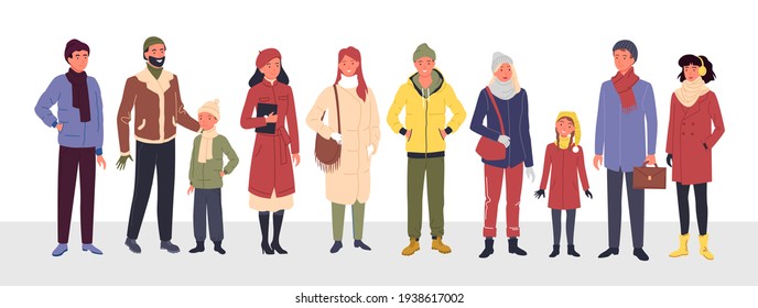 Cartoon group of cute man woman kid characters in trendy outerwear standing in row, wearing warm coat and boots, scarf and hat isolated on white. People wear casual winter clothes vector illustration.