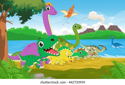 Cartoon group of dinosaur with the prehistoric background