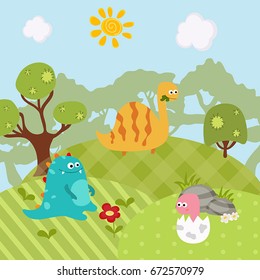 Cartoon group of dinosaur. Vector illustration with prehistoric wildlife.