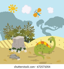 Cartoon group of dinosaur. Vector illustration with prehistoric wildlife.