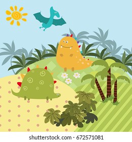 Cartoon group of dinosaur. Vector illustration with prehistoric wildlife.