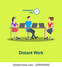 Cartoon Group of Distant Work Characters Professional People and Freelance Workplace Card Poster Concept Element Flat Design Style. Vector illustration