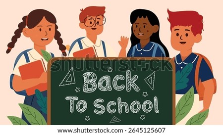 Cartoon group of diverse students standing next to chalkboard with school decorations