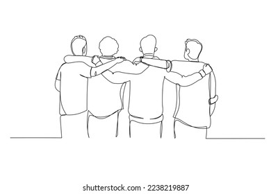 Cartoon group friends putting arms shoulders embrace one another  One line art style
