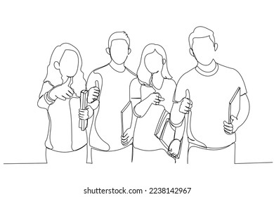 Cartoon of group of friends smiling with thumb up denoting success. One line art style
