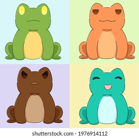 Cartoon group frogs, set frogs, colored, cute, vector flat illustration
