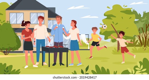 Cartoon Group Of Happy Characters Cooking Grill Food, Meat Sausages, Friends Children Playing Ball Together Background. Family People On Bbq Party In Backyard Garden Or Summer Park Vector Illustration