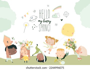 Cartoon Group of Happy Children meeting Spring