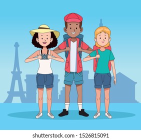cartoon group of happy tourists friends over blue background, colorful design. vector illustration