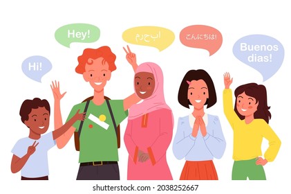 Cartoon Group Of Multicultural Multiethnic Girl Boy Child Characters Standing, Cute Students. Children Greeting, School Kids Say Hi In Different Languages Vector Illustration.