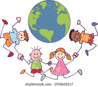 Cartoon of group  multiethnic joyful and happy smiling children holding hands in a circle around the Earth. Cute kids in doodle style. Peace unity friendship. Environment and green planet