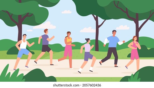 Cartoon group of people jogging in city park, race competition. Outdoor run exercise. Men and women athletes running marathon vector concept. Characters having active and healthy lifestyle