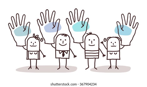 cartoon group of people saying YES with raised hands