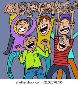 Cartoon, a group of people shouting happily