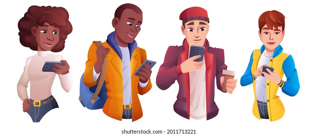 Cartoon group of people using smartphone. Men and women different nationalities holding mobile phone and chatting, typing messages. Young characters looking on gadgets. Online communication concept.