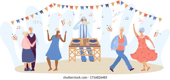 Cartoon group of senior people dancing while listening to music, DJ play by a gramophone isolated on white vector illustration. Elderly women and man dancing at a party. Old people enjoy life after