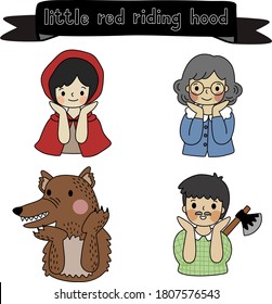 Cartoon of Group set of main character of little red riding hood. Simple cute hand draw line vector and minimal icons flat style character illustration.
