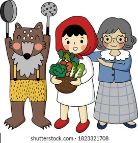 Cartoon of group set of main character of little red riding hood prepare ingredient and tool for cooking. Simple cute hand draw line vector and minimal icons flat style character illustration.