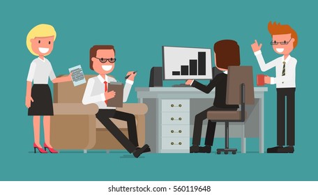 cartoon group, teamwork, businessmen, office workers are working on a common project. Discuss, talk, plan. Vector illustration. Flat design style. Suitable for animation. (Individual segments)