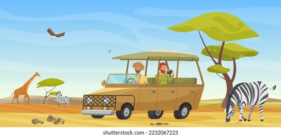 Cartoon group of tourist characters make travel photo of wildlife on smartphone or camera, travelers drive car vehicle. People safari tour, African savanna wild landscape vector illustration.